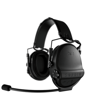 Sordin Supreme X2 BT electronic earmuffs, black headband with gel cushions and Bluetooth boom microphone on the left, left side view