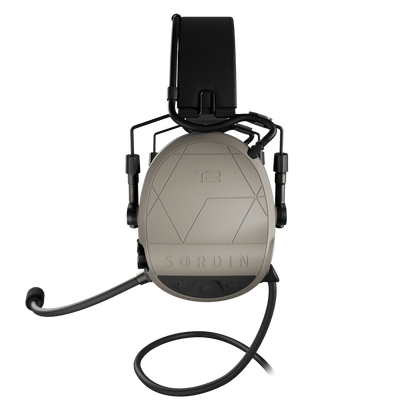 Sordin Supreme T2 CC tactical comms headset, tan headband with left boom microphone, left view