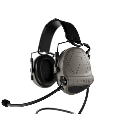 Sordin Supreme T2 CC tactical comms headset, tan headband with left boom microphone, left side view