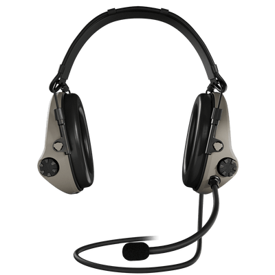Sordin Supreme T2 CC tactical comms headset, tan headband with left boom microphone, front view