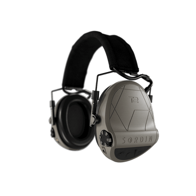 Sordin Supreme T2 tactical electronic earmuffs, tan textile headband, left side view