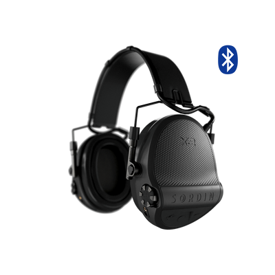 Sordin Supreme X2 BT electronic earmuffs, black headband with gel cushions, left side view