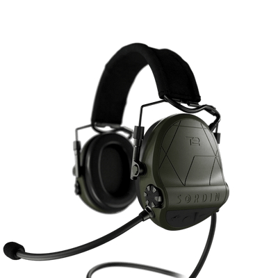 Sordin Supreme T2 CC tactical comms headset, green textile headband with left boom microphone, left side view