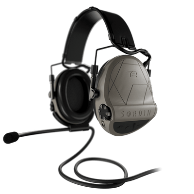 Sordin Supreme T2 tactical electronic earmuffs, tan headband with boom microphone, left side view