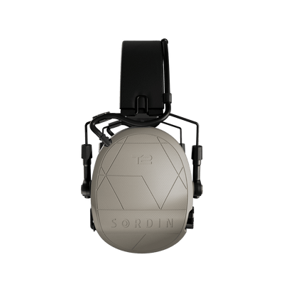 Sordin Supreme T2 tactical electronic earmuffs, tan headband, right view