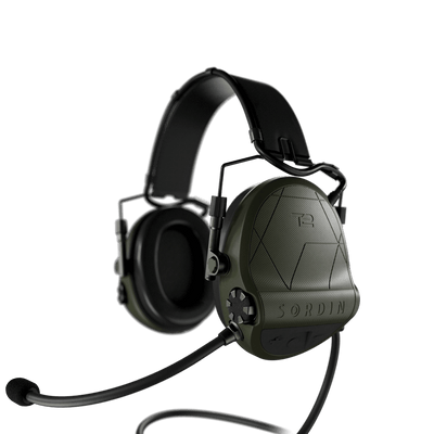 Sordin Supreme T2 CC tactical comms headset, green headband with left boom microphone, left side view
