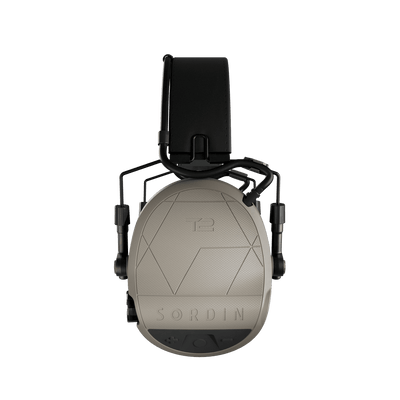 Sordin Supreme T2 tactical electronic earmuffs, tan headband, left view