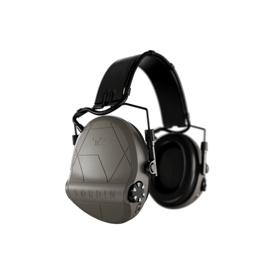 Sordin Supreme T2 tactical electronic earmuffs, tan headband, right side view