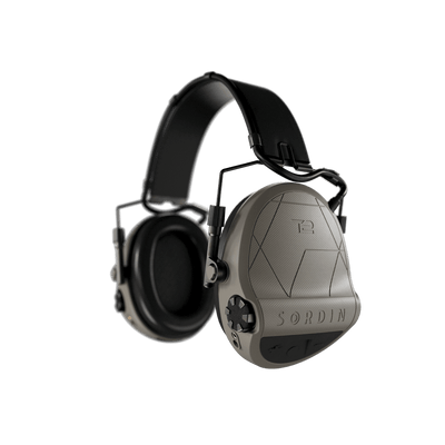 Sordin Supreme T2 tactical electronic earmuffs, tan headband, left side view