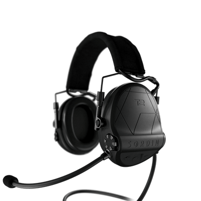 Sordin Supreme T2 CC tactical comms headset, black textile headband with left boom microphone, left side view