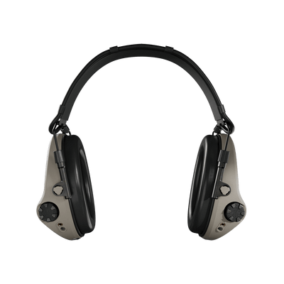 Sordin Supreme T2 tactical electronic earmuffs, tan headband, front view