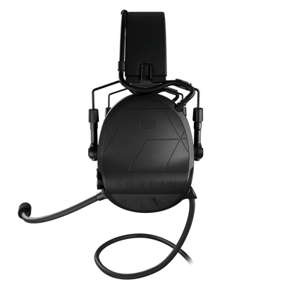Sordin Supreme T2 CC tactical comms headset, black headband with left boom microphone, left view