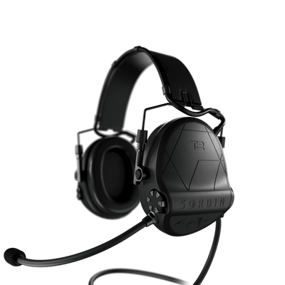 Sordin Supreme T2 CC tactical comms headset, black headband with left boom microphone, left side view