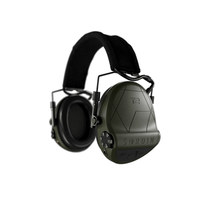 Sordin Supreme T2 tactical electronic earmuffs, green textile headband, left side view