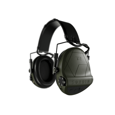 Sordin Supreme T2 tactical electronic earmuffs, green headband, left side view