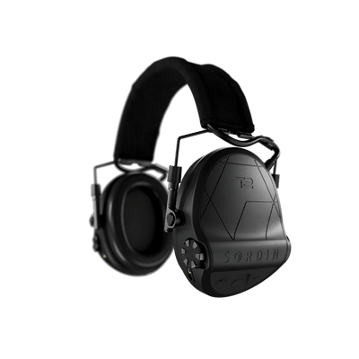 Sordin Supreme T2 tactical electronic earmuffs, black textile headband, left side view