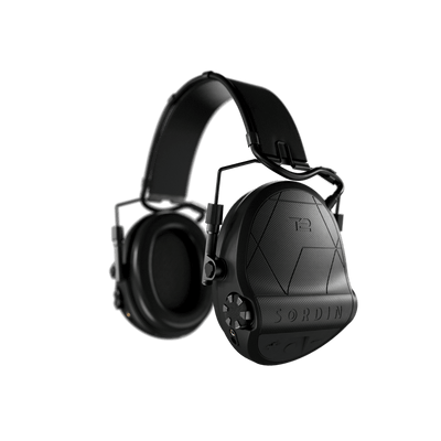 Sordin Supreme T2 tactical electronic earmuffs, black headband, left side view