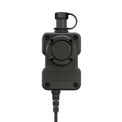 Sordin PTT single-com splashproof push-to-talk unit for Supreme MIL headsets, front view