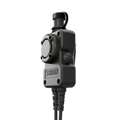 Sordin PTT dual-com splashproof push-to-talk unit, detail view