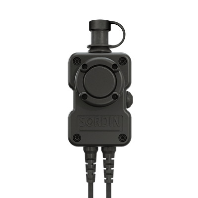 Sordin PTT dual-com splashproof push-to-talk unit for Supreme MIL headsets, front view