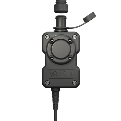 Sordin PTT single-com waterproof push-to-talk unit for Supreme MIL headsets, front view
