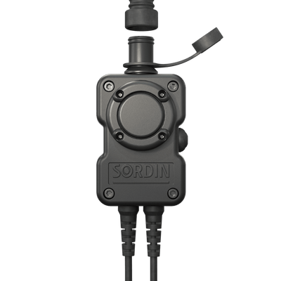Sordin PTT dual-com waterproof push-to-talk unit for Supreme MIL headsets, front view
