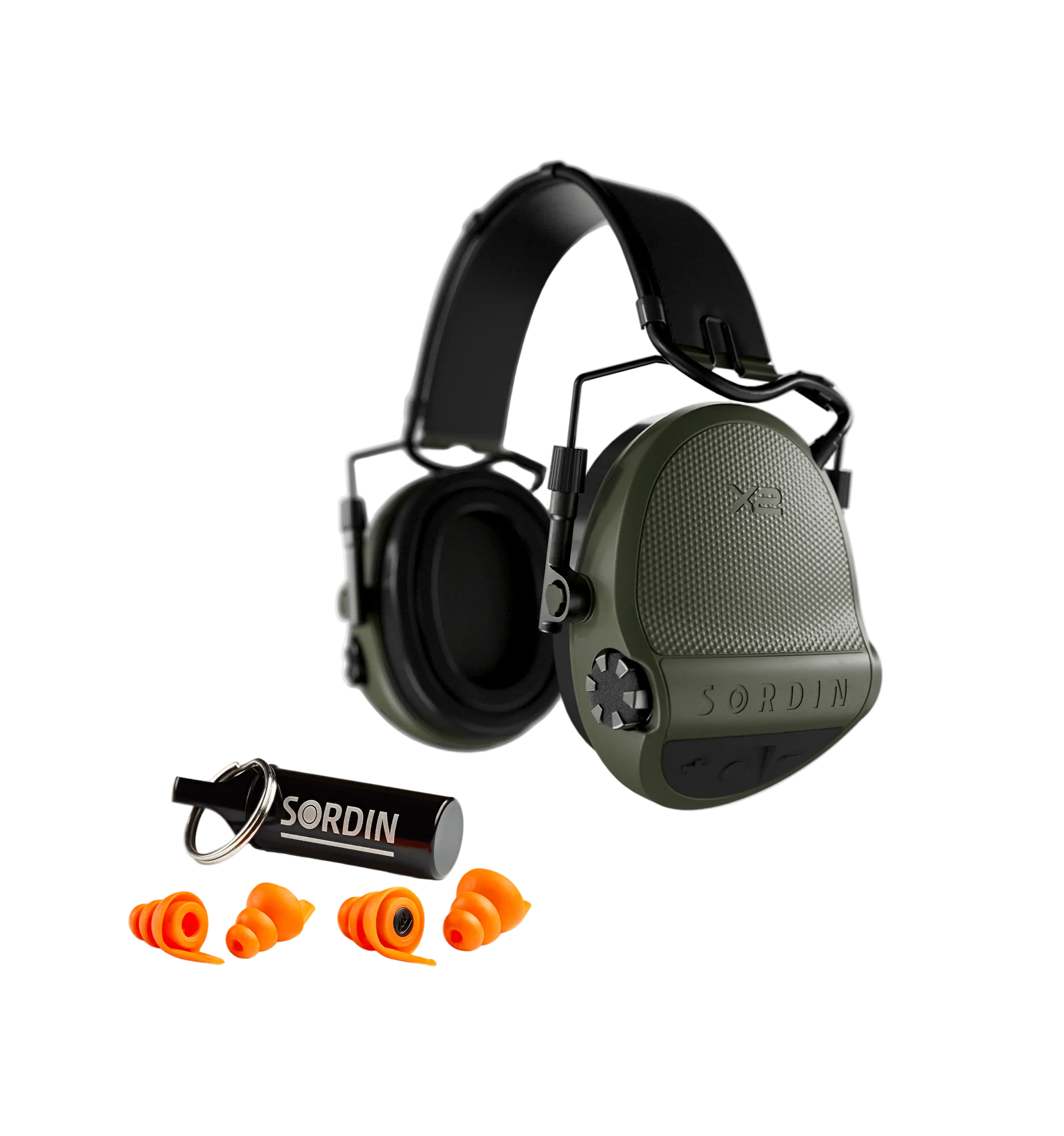 Sordin X2 Shooting Bundle, Supreme X2 earmuffs on a green headband