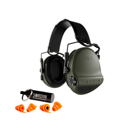 Sordin X2 Shooting Bundle, Supreme X2 earmuffs on a green headband