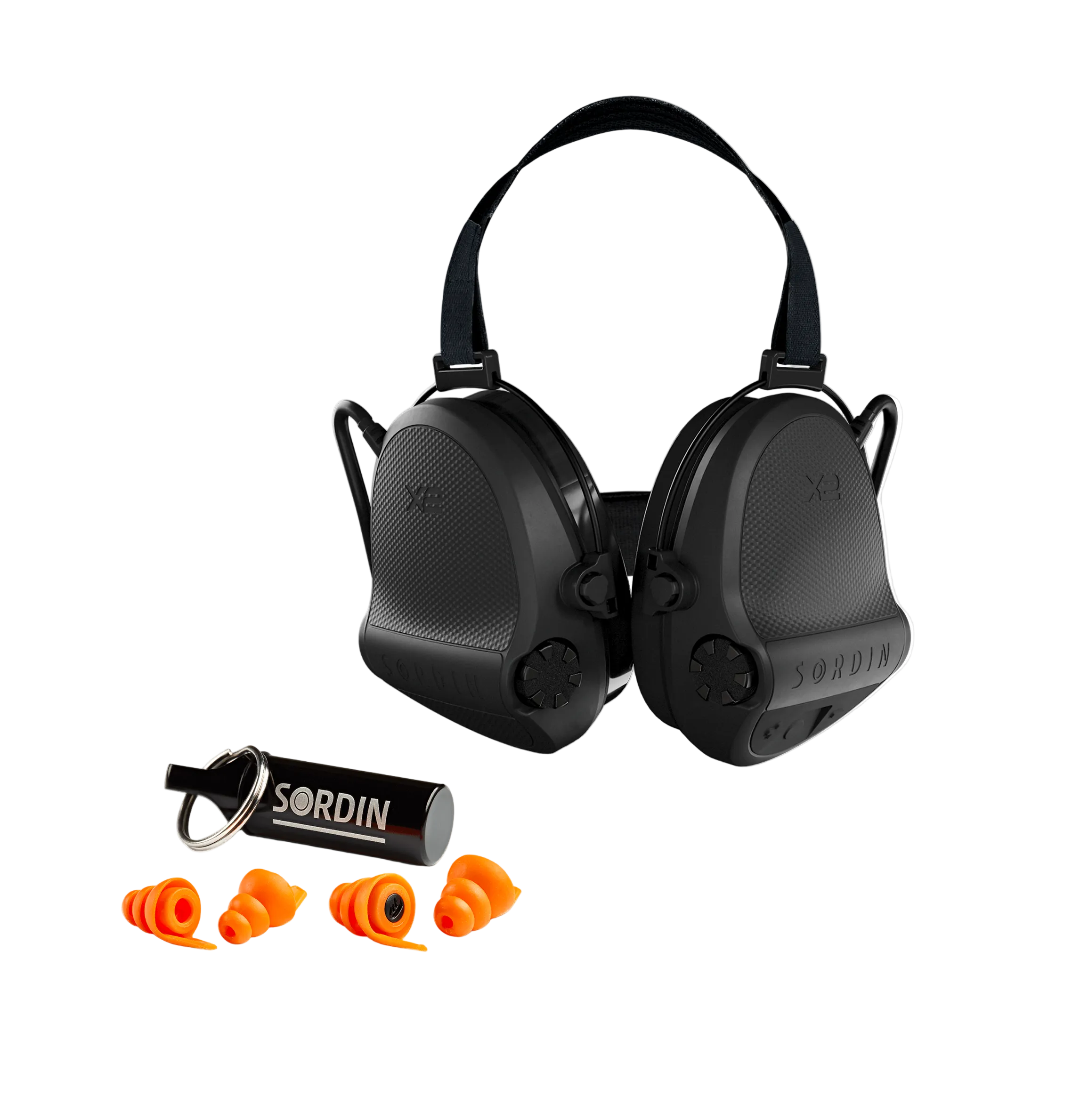 Sordin X2 Shooting Bundle, Supreme X2 earmuffs on a black neckband