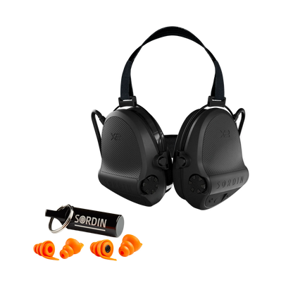 Sordin X2 Shooting Bundle, Supreme X2 earmuffs on a black neckband